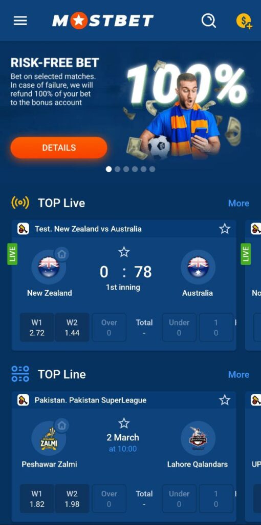 Screenshots van de Mostbet-app